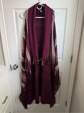 Apt. 9 Burgundy Striped Knit Fringe Sleeveless Open Front Cardigan Sweater